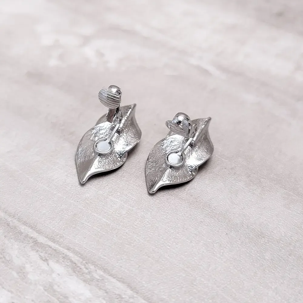 Vintage Clip On Earrings Large Silver Tone Twisted Leave Statement Glam